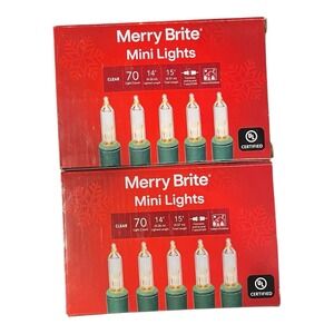 Lot of 2 Merry Brite 70 Count Each Mini Christmas Lights Clear on Green Wire
